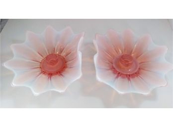 Pretty Vintage Pair Of Fostoria Pink And Opal Taper Candle Holders