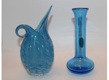 Two Vintage Hand Blown Blue Pilgrim Glass Vase & Pitcher