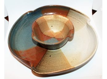 Signed HP Hanselmann Studio Handmade Pottery Multi Colored Chip & Dip Set