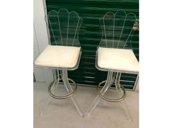 2 MCM Lucite And Brass High Top Chairs Or Bar Stools