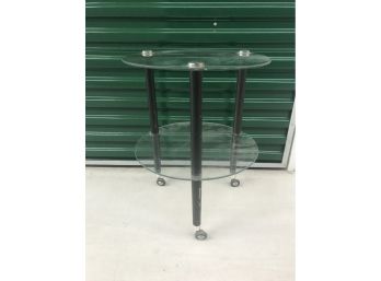 Mid Century Modern Side Table On Casters  Wood Glass Chrome