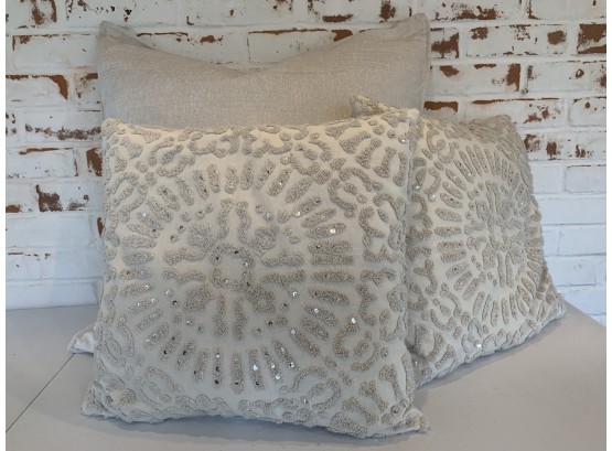 Set Of 3 Oatmeal Colored Embroidered Accent Pillows With Beaded Accents