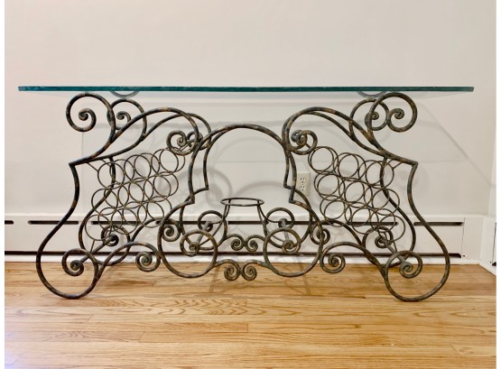 Glass Top Iron Console Table With Wine Holder