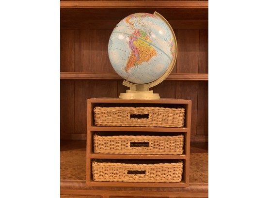 Desktop World Globe And Wooden Shelf With Baskets