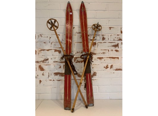 Antique Wooden Skis And Poles