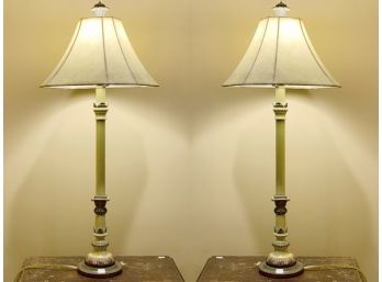 Pair Of Vintage Inspired Candlestick Lamps With Marbled Shades