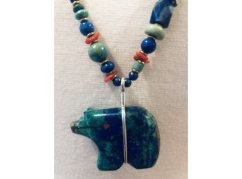 Native American Made Bear Pendant Heart Line & Gemstones Lapis, Sodalite, Coral 34' Length