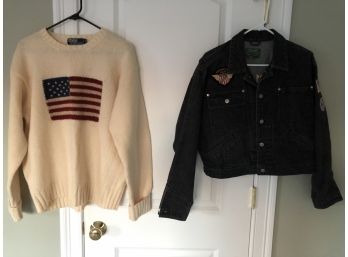 2 Pc. POLO RALPH LAUREN Lot- Med. POLO LAMBSWOOL AMERICAN FLAG SWEATER;  Motorcycle Denim Jacket