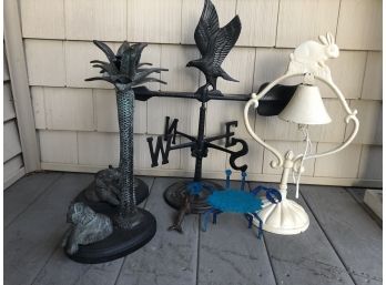 Decorative Metal Lot - Light Weight Weathervane, Nautical Bell, Elephant Candle Sticks