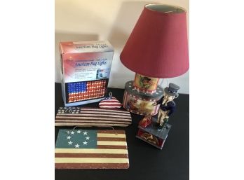 Americana Lot Of Items - Lamp, Reproduction Metal Bank, 2 Flag  Plaques, Shell Ornament, American Flag Lights