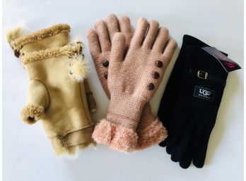 Women’s 3 Pair Gloves And Mittens - New Suede Fur Lining, 2 Pair UGGS  Size Small To Medium