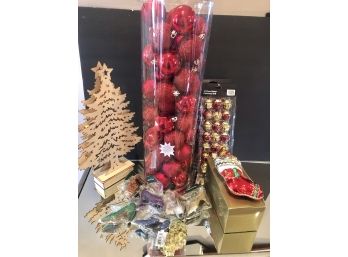Christmas Lot # 2  Assorted Red Christmas Balls, New In Package 'shoe' Ornaments, Other Items.