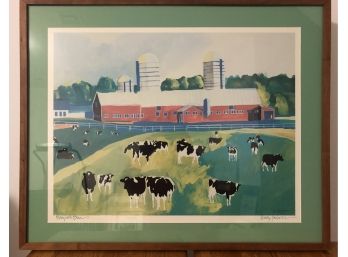 Signed And Framed Cows And Barn Scene Print