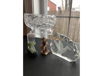 4 Piece Decorative Lot: 1 Hummel, 1 Jadeite Carved Horse, Glass Duck, Cut Glass Footed Bowl