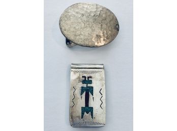 Sterling Silver Native American Belt Buckle &  Turquoise Inlaid Money Clip Marked