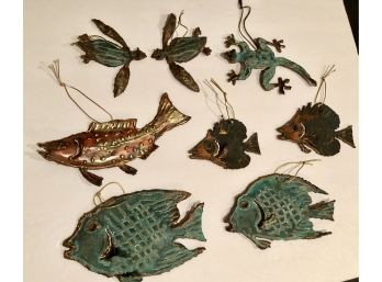Lot Of 8 Signed Trudi Gilliam Fish, Turtles & Gecko Copper Ornaments