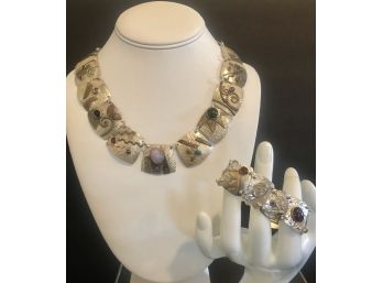 Unmarked Native American Sterling Silver & Gemstone Panel Necklace & Bracelet Set