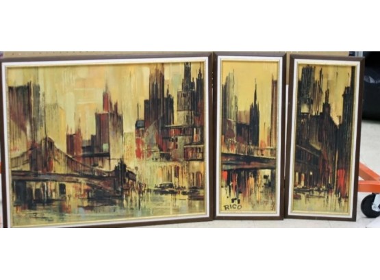 3 Part Framed Mid Century Canvas Print Signed By Rico