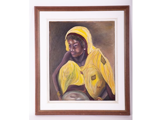 Portrait Of An Indian Woman In A Gold Sari Signed By Farida Zaman