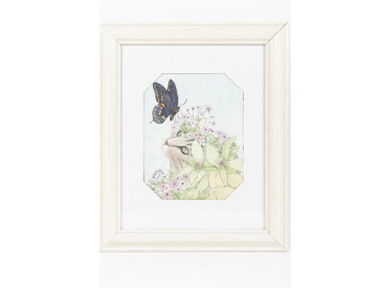 Framed Drawing Of A Cat, Flowers And Butterfly