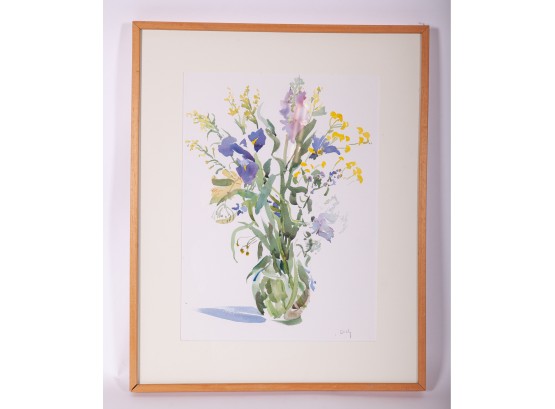 Watercolor Painting Of Irises & Other Summer Flowers In A Vase By Gish