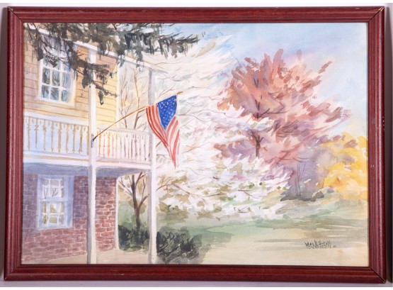 Watercolor Painting Of An American Home By M.E. Whitehill