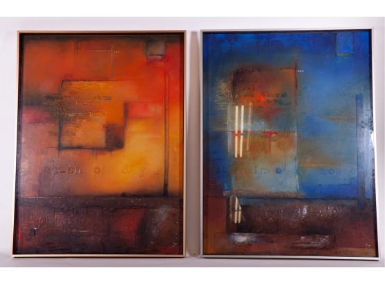 Pair Of Abstract Multimedia Works, In Contrasting Color Families