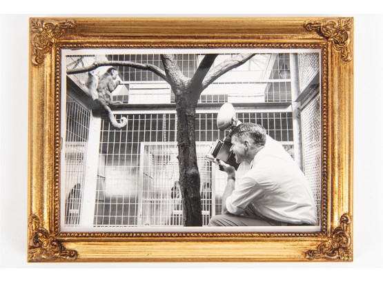 Black & White Photograph Of A Man Photographing A Monkey In A Cage
