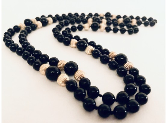Classic 36” Onyx And14K Gold Bead Necklace