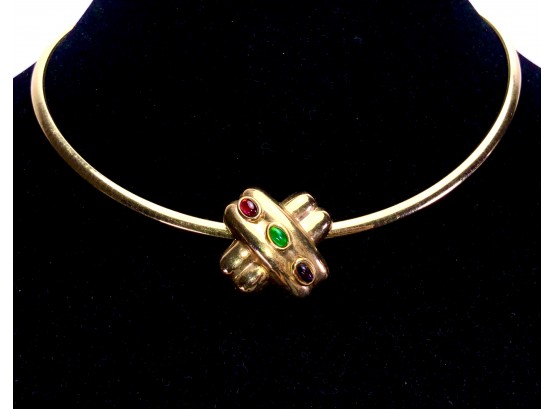Stunning Modern Contemporary Emerald, Ruby, Sapphire 14K Gold Necklace