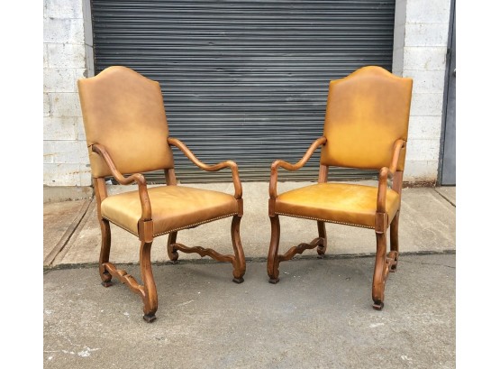 HUGE Rare Pair Of Henredon Leather And Nail Head Trim Gooseneck Armchairs