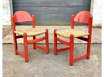Pair Of Wood And Rush Seat Carimate Chairs Attributed To Vico Magistretti