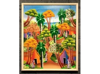 Original Haitian Painting Of Village Scene - Signed