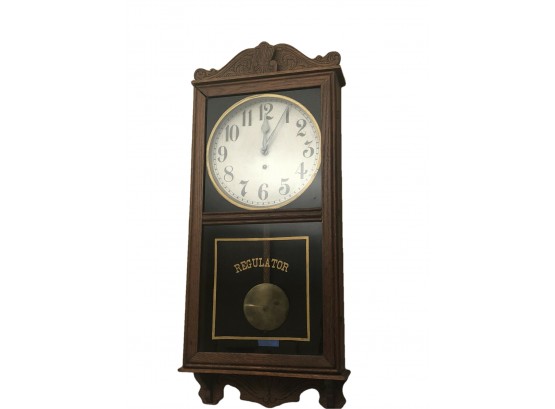 Large  Antique Regulator Clock With Key And Pendulum- Working!