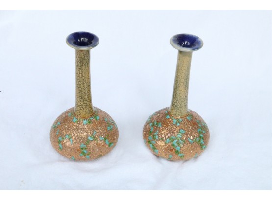 Gorgeous Pair Of Copper Encrusted Vases