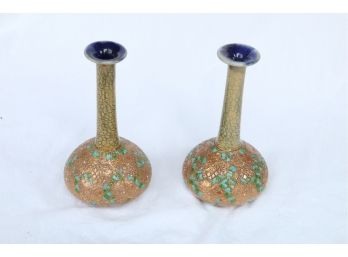 Gorgeous Pair Of Copper Encrusted Vases