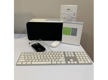 Apple 1st Gen IPod Speaker, Apple Keyboard, Mouse,  AirPort Express Connection And IPad Charger