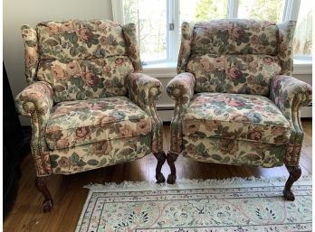 Beautiful Pair Of Wingback Armchair Recliners With Nailhead Trim - Thomasville
