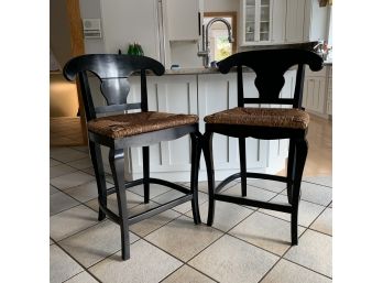 Pair Of Wooden Counter Stools With Woven Wicker Seats