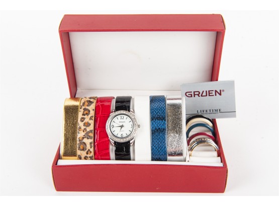 Gruen Watch With Seven Interchangeable Wrist Bands & Cases
