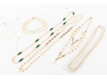Collection Of Pearl Necklaces & Hat Pin