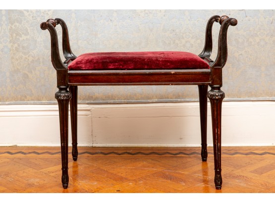 Antique Berkey & Gay Furniture Upholstered Red Velvet Wood Bench With Reeded Legs