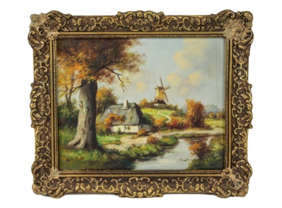 Signed Anton Müller (Dutch, 1874-1912) Oil On Canvas Painting Of A 'Windmill' Landscape Scene