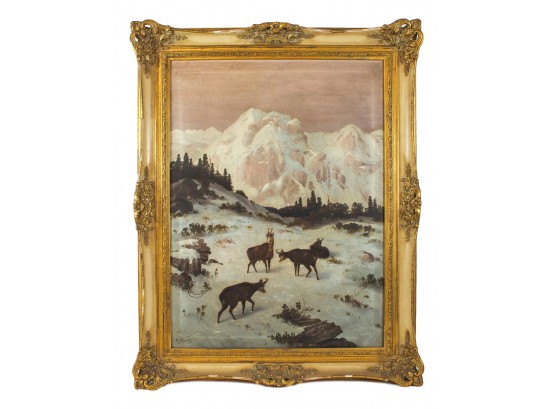 Renowned Artist Max Nordt (German, 1895-1979) 'Mountain Goats' Signed Oil On Canvas Painting