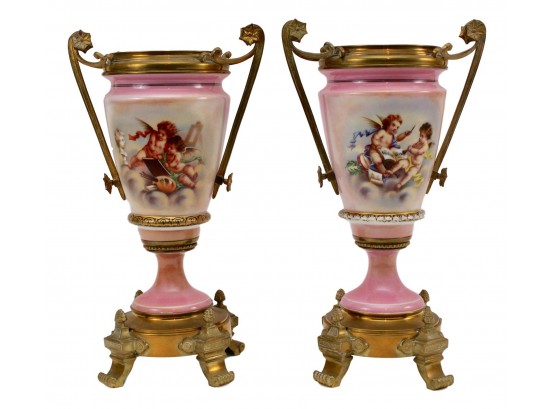 Pair Of Late 19th Century Bronze-Gilt Mounted Sevres Style Porcelain Urns