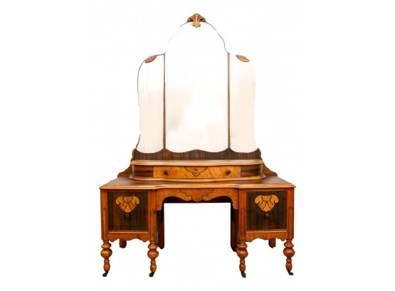 Art Deco (ca. 1935) Maple And Walnut Vanity Dressing Table With Mirror