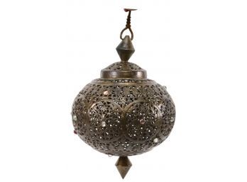 Large Pierced Jewel Encrusted Brass Lantern