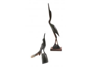 Pair Of Mid-Century Carved Steer Horn Heron Bird Sculptures