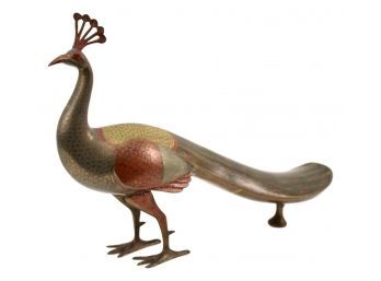 Vintage Cast Brass Hand Incised Enamel Color Indian Peacock Figurine