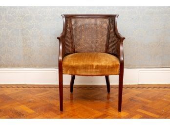 Vintage 1940s Cane Back Upholstered Golden Velvet Seat Armchair With Stud Details